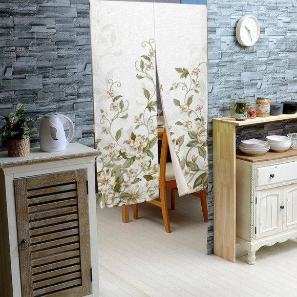 White Flower Blossoms Botanical Japanese Noren Curtains Asian Art Room Divider - Picture 4 of 12